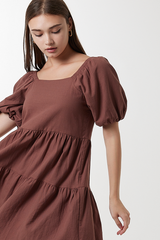 Yolanda Puff Sleeve Tiered Dress in Brown