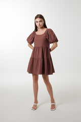 Yolanda Puff Sleeve Tiered Dress in Brown