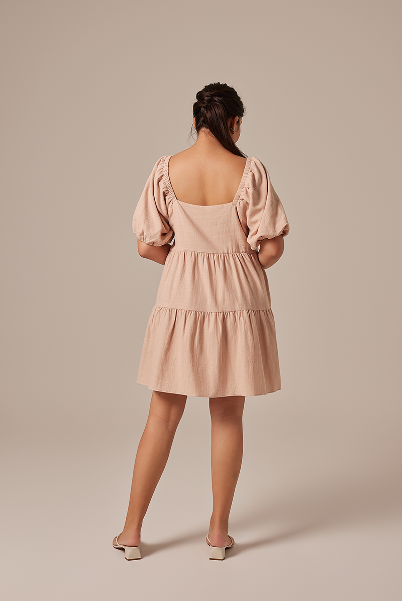 Yolanda Puff Sleeve Tiered Dress in Eggshell