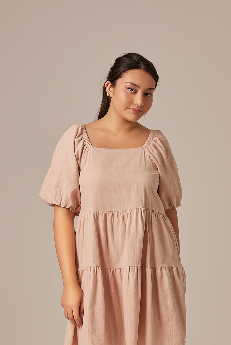 Yolanda Puff Sleeve Tiered Dress in Eggshell