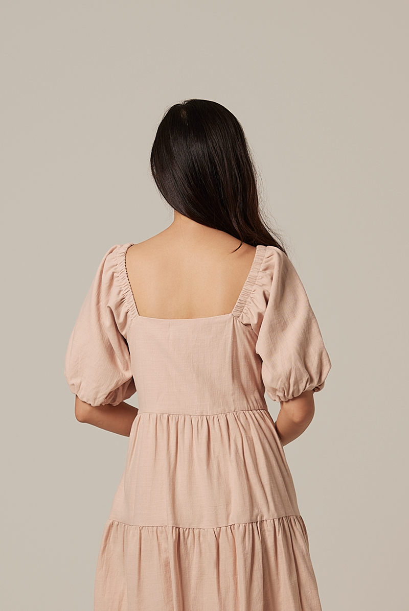 Yolanda Puff Sleeve Tiered Dress in Eggshell