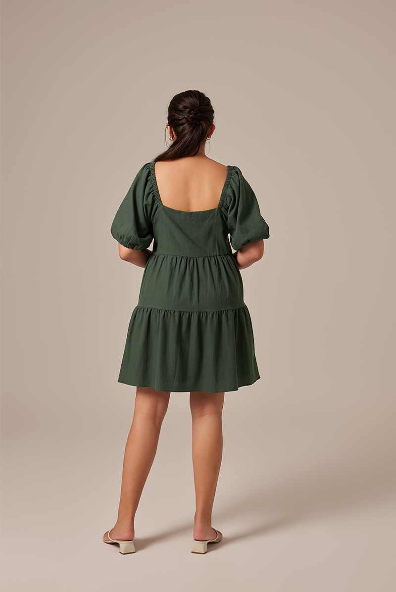 Yolanda Puff Sleeve Tiered Dress in Emerald