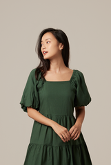 Yolanda Puff Sleeve Tiered Dress in Emerald