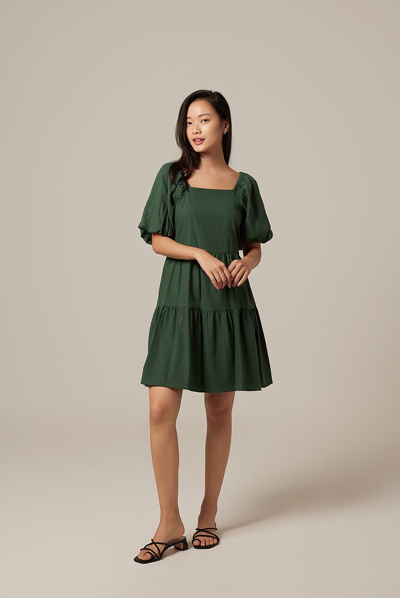 Yolanda Puff Sleeve Tiered Dress in Emerald