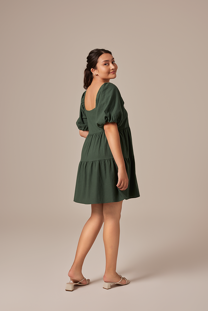 Yolanda Puff Sleeve Tiered Dress in Emerald