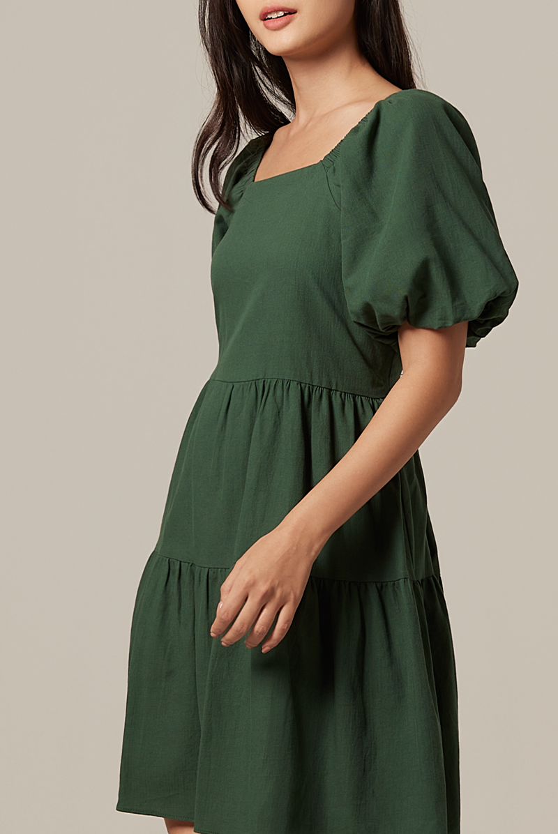 Yolanda Puff Sleeve Tiered Dress in Emerald