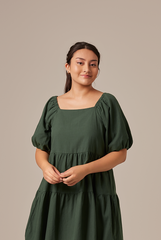 Yolanda Puff Sleeve Tiered Dress in Emerald
