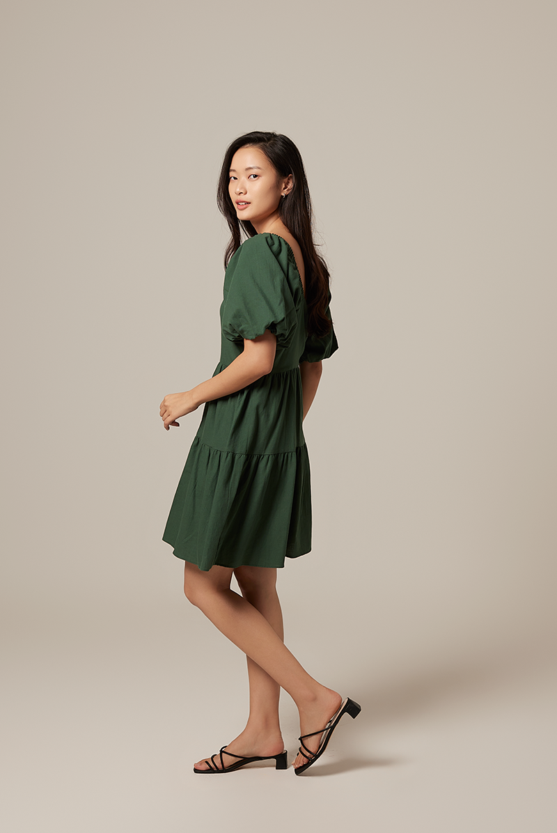 Yolanda Puff Sleeve Tiered Dress in Emerald