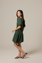 Yolanda Puff Sleeve Tiered Dress in Emerald