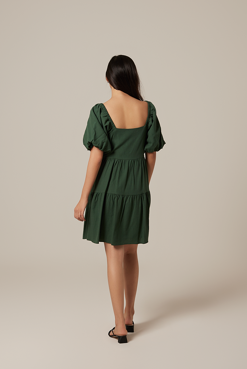 Yolanda Puff Sleeve Tiered Dress in Emerald
