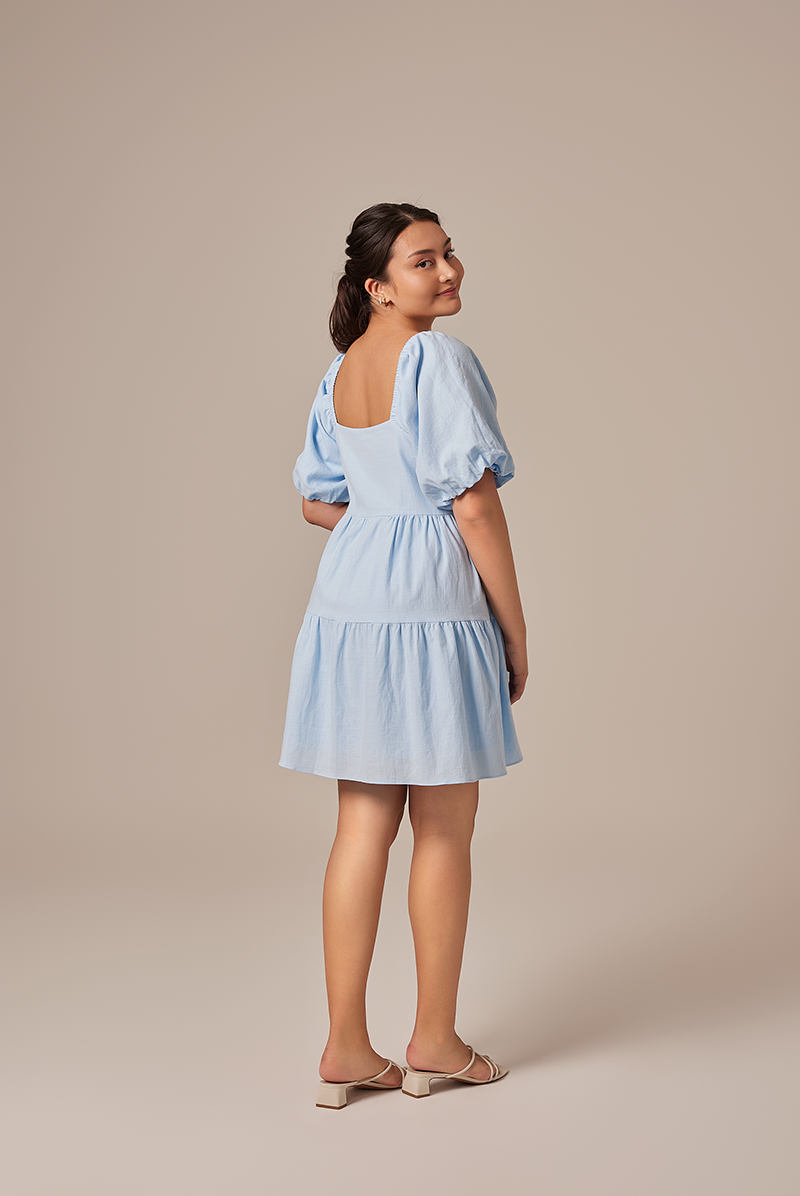Yolanda Puff Sleeve Tiered Dress in Light Blue