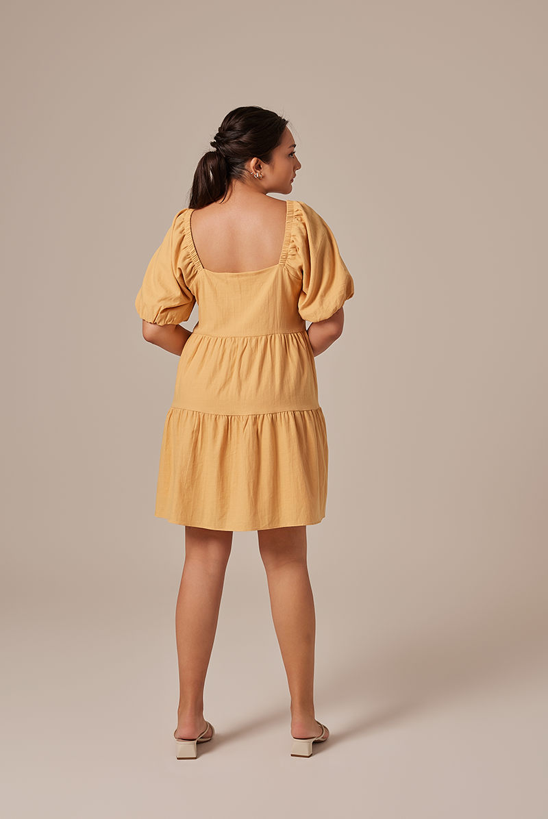 Yolanda Puff Sleeve Tiered Dress in Yellow