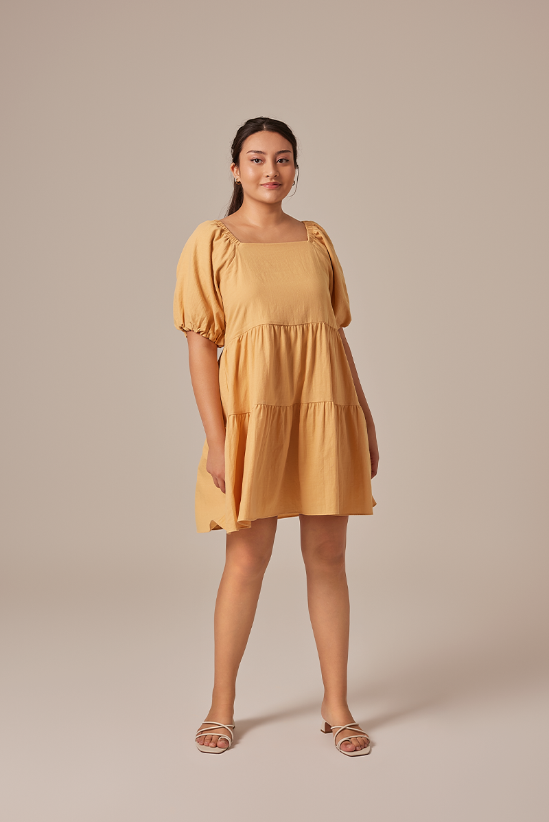 Yolanda Puff Sleeve Tiered Dress in Yellow