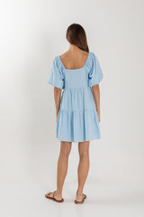 Yolanda Puff Sleeve Tiered Dress in Light Blue