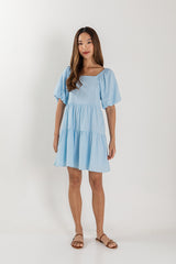 Yolanda Puff Sleeve Tiered Dress in Light Blue