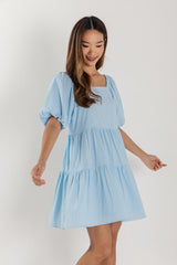 Yolanda Puff Sleeve Tiered Dress in Light Blue