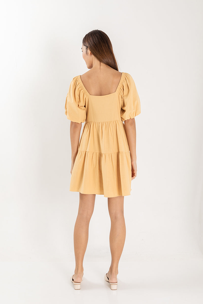 Yolanda Puff Sleeve Tiered Dress in Yellow