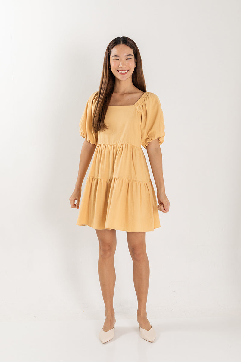 Yolanda Puff Sleeve Tiered Dress in Yellow