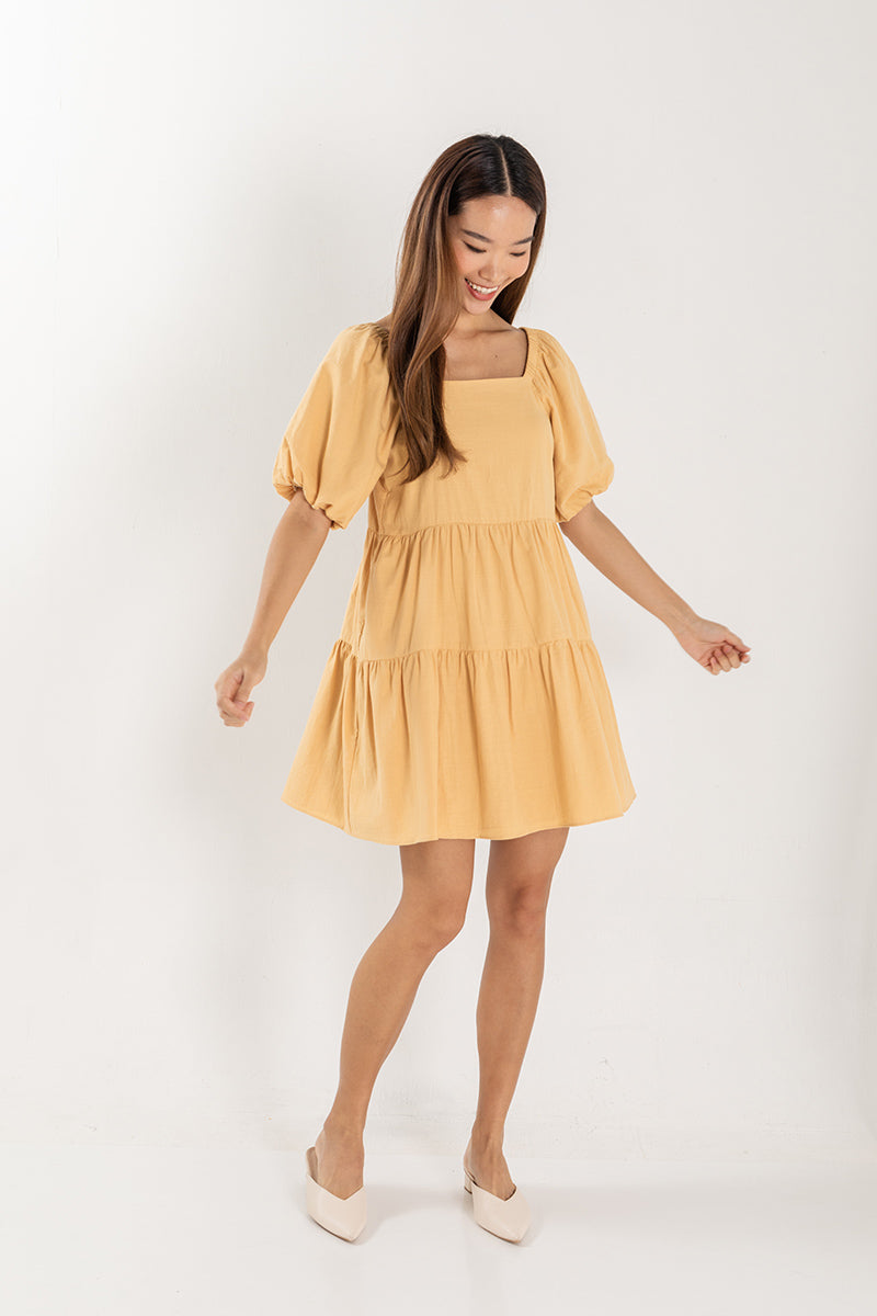 Yolanda Puff Sleeve Tiered Dress in Yellow