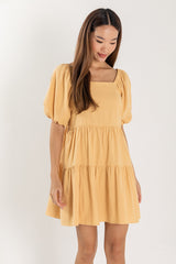 Yolanda Puff Sleeve Tiered Dress in Yellow