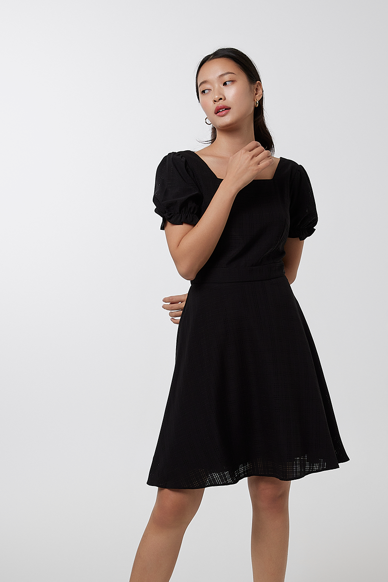 Cheyenne Square Neck Textured Dress in Black