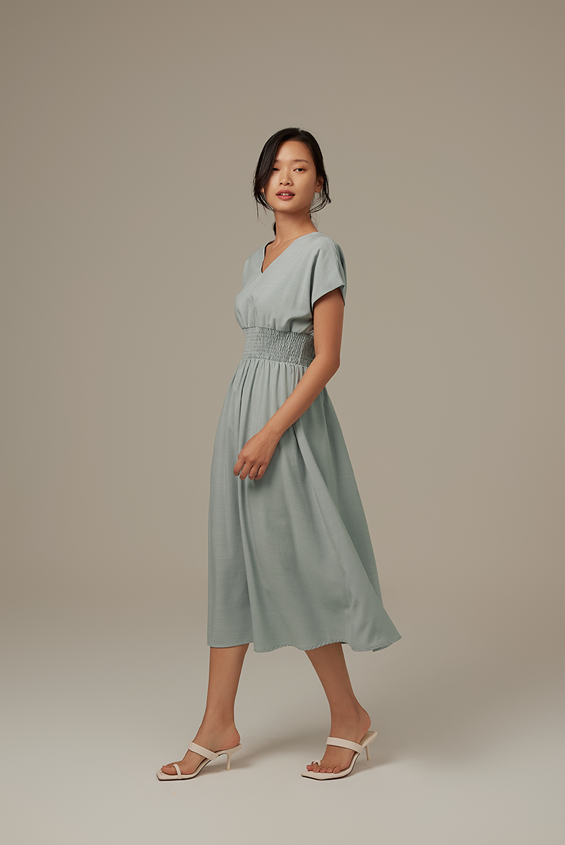 Ayliana Smocked Dress in Dusty Blue