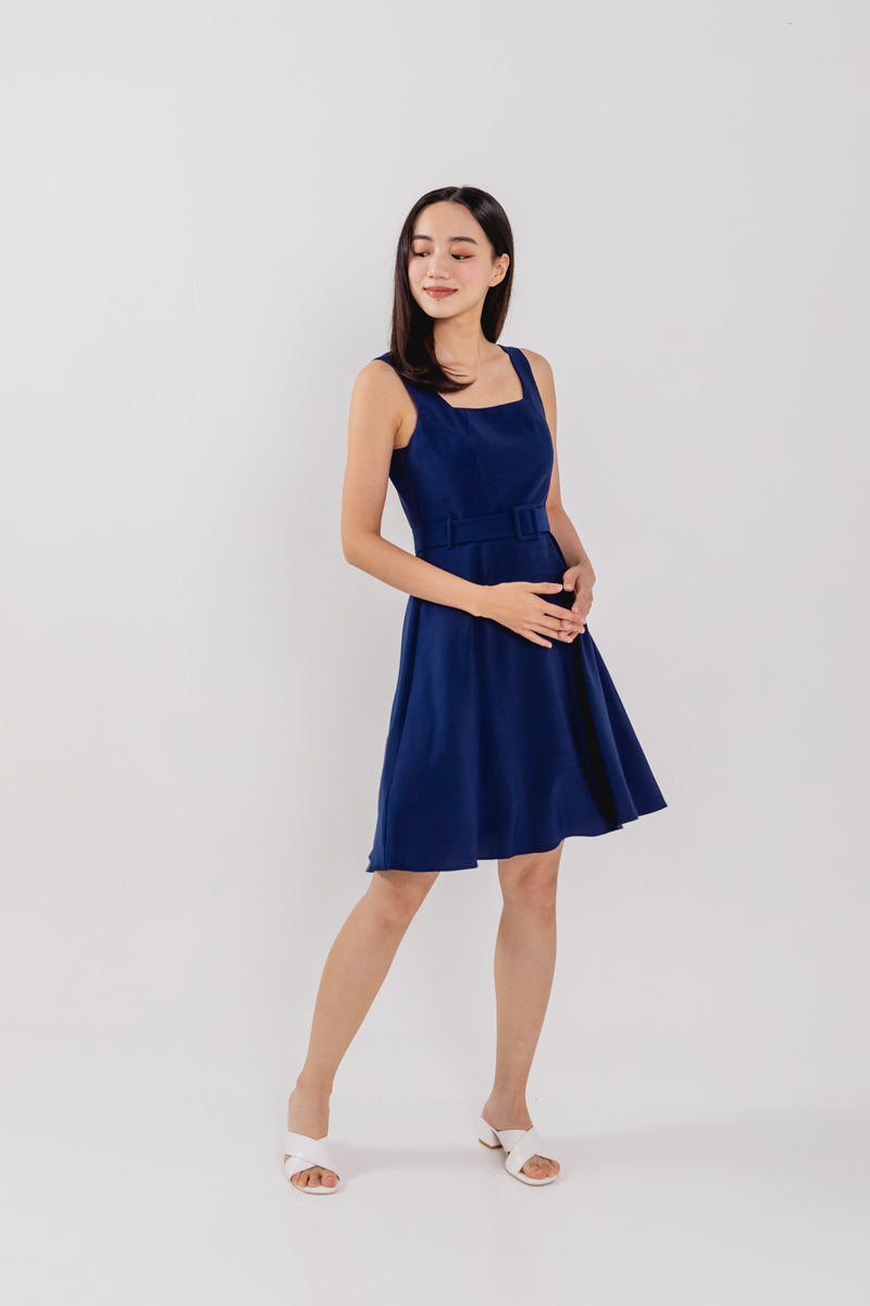 Alessa Belted Dress in Navy Blue