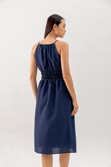 Hannah Midi Ruched Dress in Navy Blue