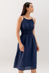 Hannah Midi Ruched Dress in Navy Blue