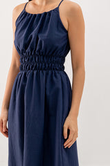Hannah Midi Ruched Dress in Navy Blue