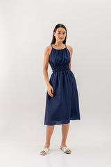 Hannah Midi Ruched Dress in Navy Blue