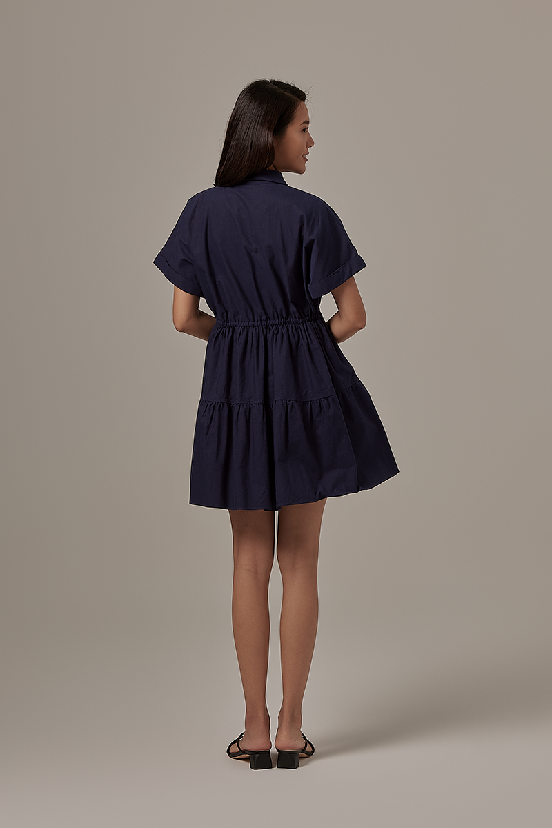 Phyliana Tiered Shirt Dress in Navy Blue
