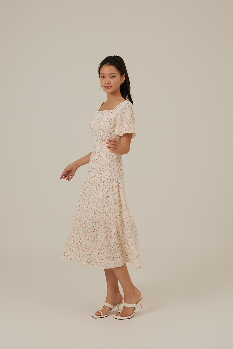 Austen Floral Slit Dress in Cream