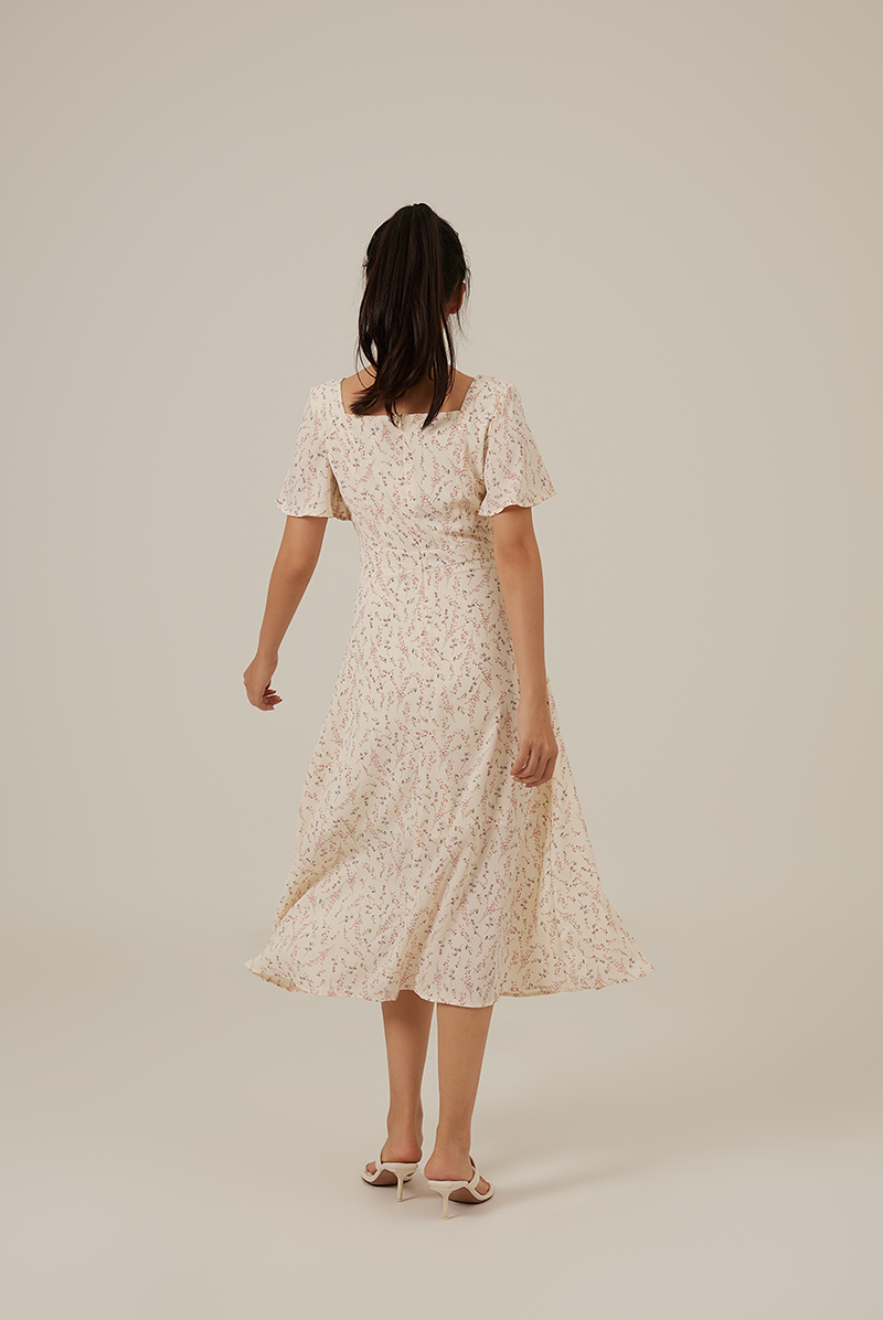 Austen Floral Slit Dress in Cream