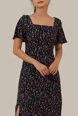 Austen Floral Slit Dress in Navy Blue