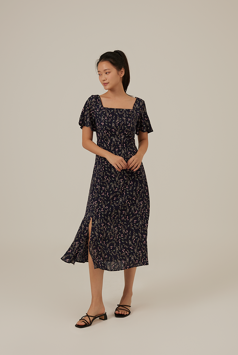 Austen Floral Slit Dress in Navy Blue