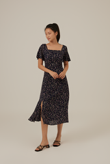 Austen Floral Slit Dress in Navy Blue