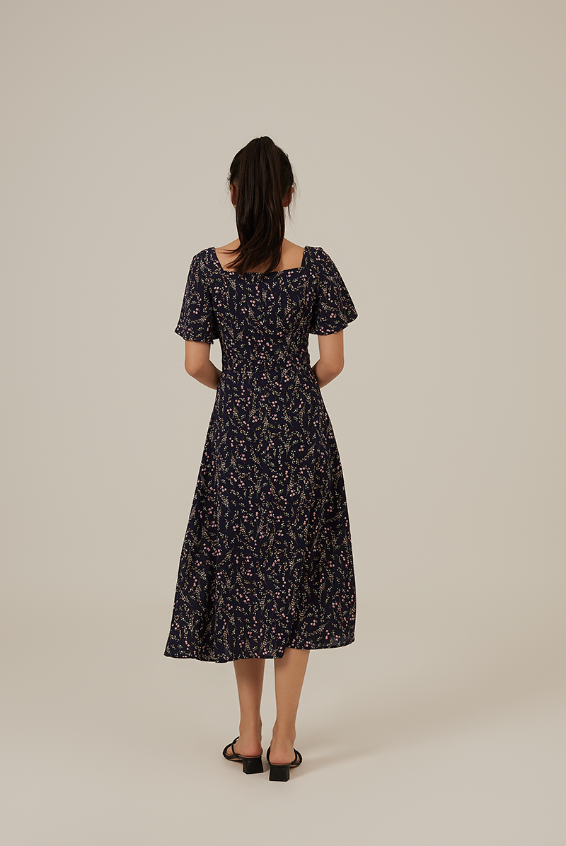 Austen Floral Slit Dress in Navy Blue