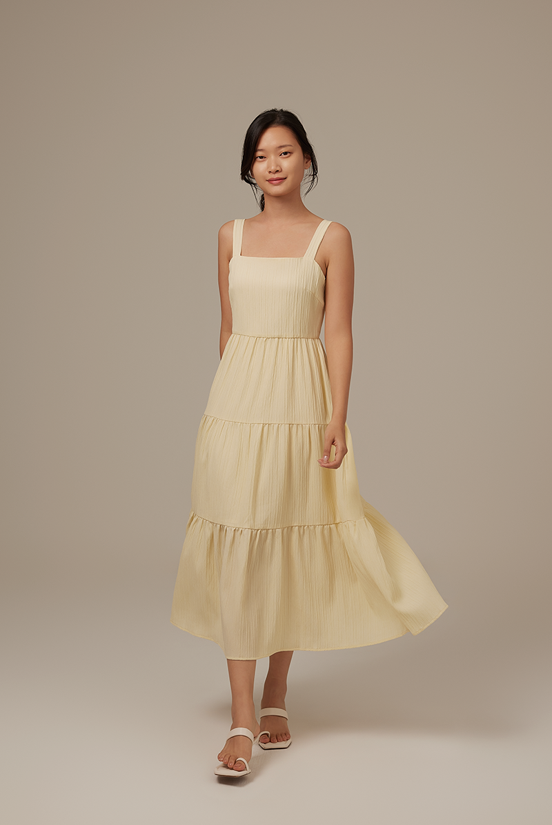 Phyllis Tiered Midi Dress in Butter
