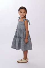 KIDS Kristy Checkered Midi Dress in Navy Blue