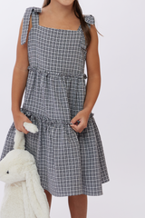 KIDS Kristy Checkered Midi Dress in Navy Blue
