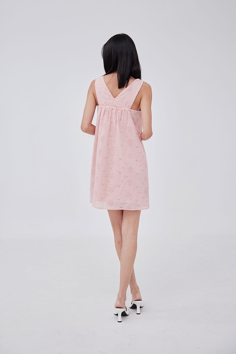 Lainey V-Back Floral Eyelet Dress in Pink