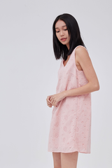 Lainey V-Back Floral Eyelet Dress in Pink