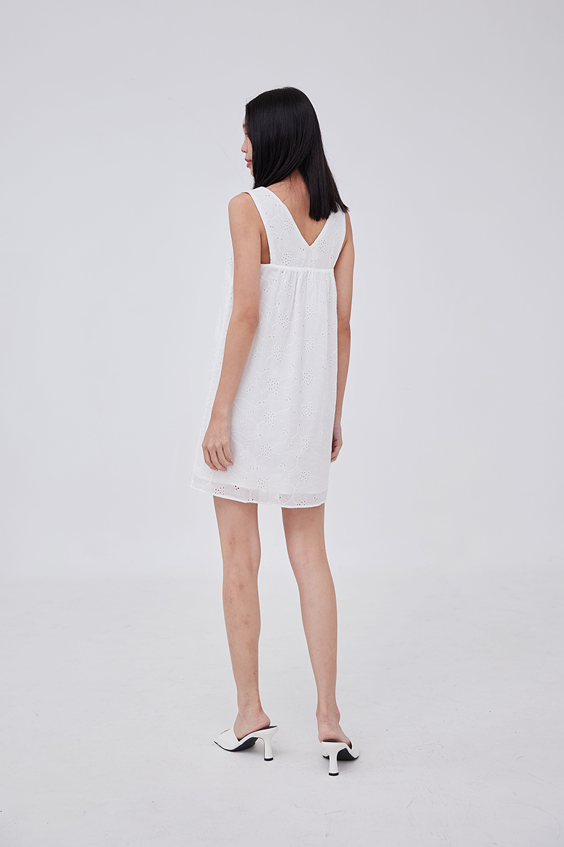 Lainey V-Back Floral Eyelet Dress in White