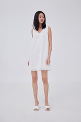 Lainey V-Back Floral Eyelet Dress in White