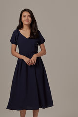 Savona Open Back Midi Dress in Navy Blue