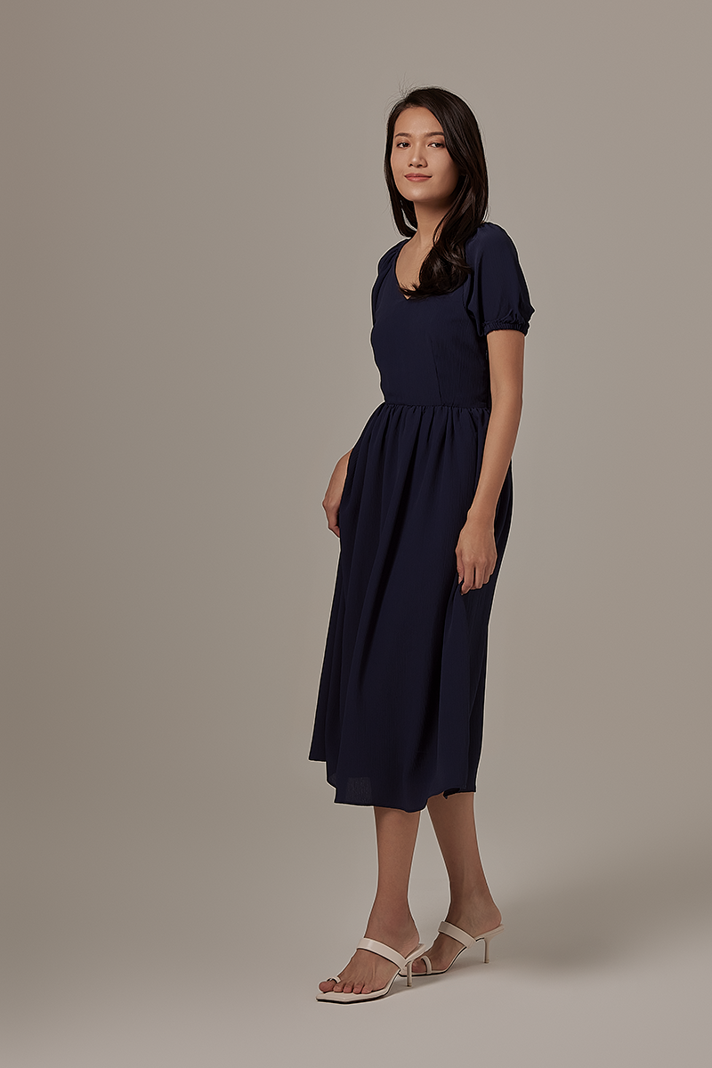 Savona Open Back Midi Dress in Navy Blue