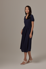 Savona Open Back Midi Dress in Navy Blue