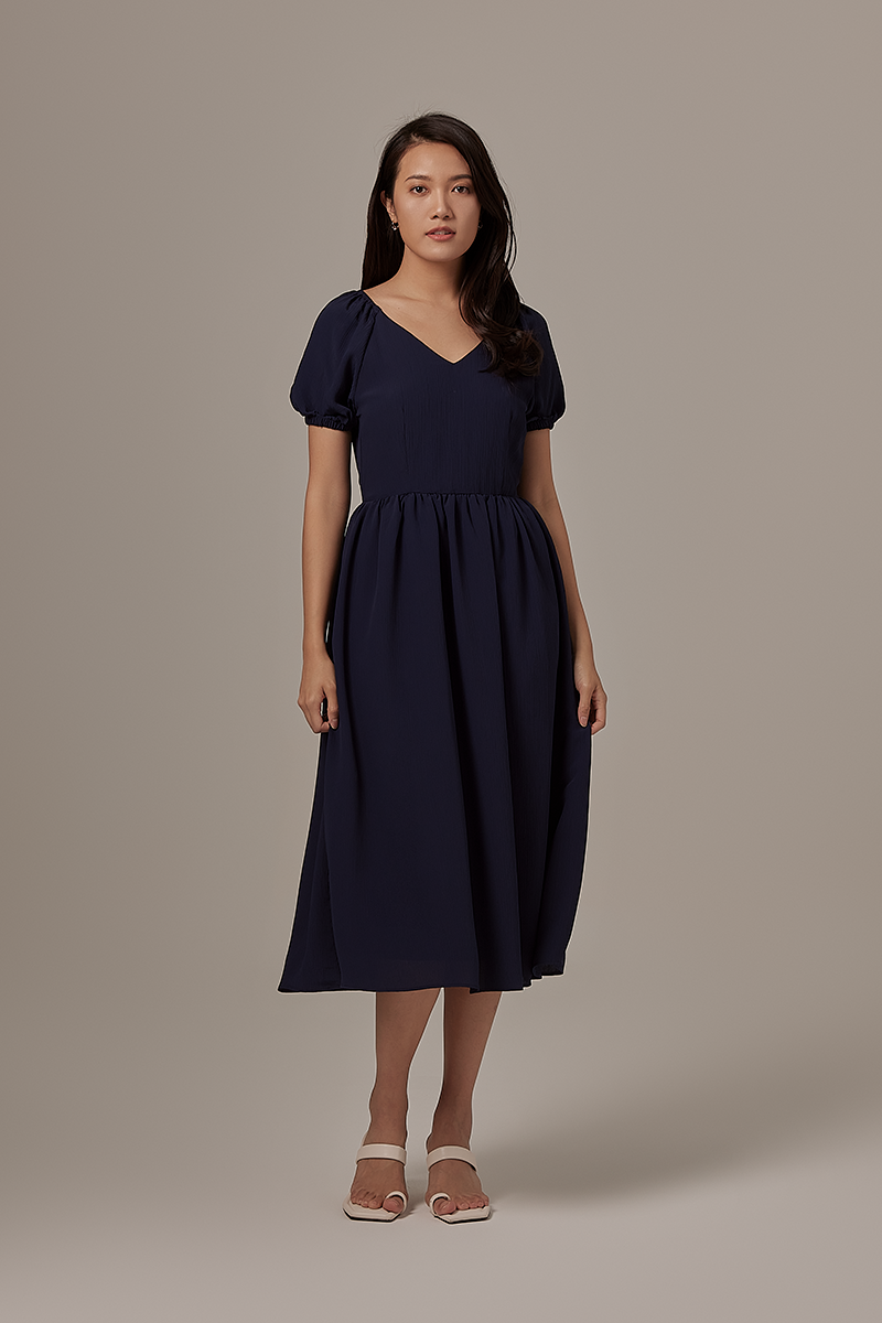 Savona Open Back Midi Dress in Navy Blue