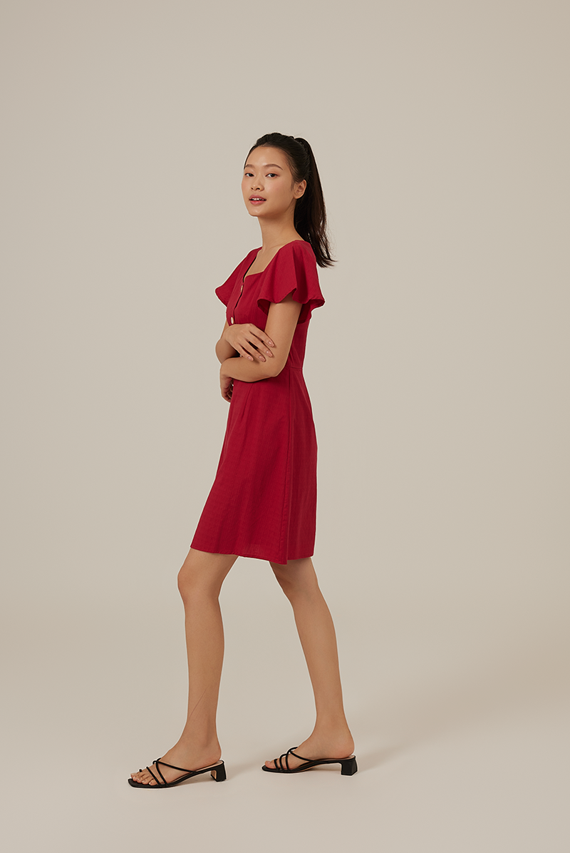 Julia Flowy Sleeve Button Dress in Red